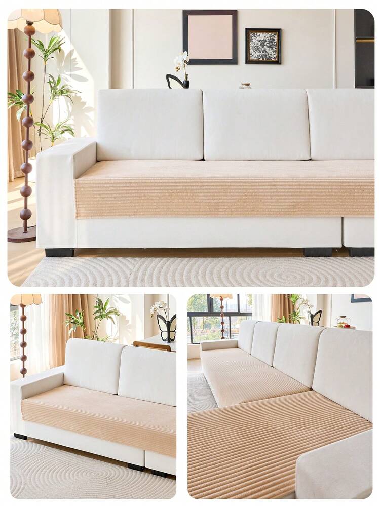 1pc Thick Warm Solid Color Flannel Sofa Cushion, Style Pet-Friendly Anti-Dirty Anti-Slip Sofa Cover, Autumn/Winter Anti-Scratch Sofa Protector Suitable For L-Shaped Combination Sofa And 1/2/3/4 Seat Sofa (Single Piece Sold) - Khaki - View 6
