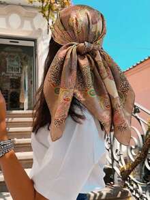 1条女士时尚围巾，月光丝绸佩斯利花纹和腰果花印花围巾，几何印花发带，多功能头巾，适合日常佩戴和使用，四季皆宜 - 米色 - 查看 1