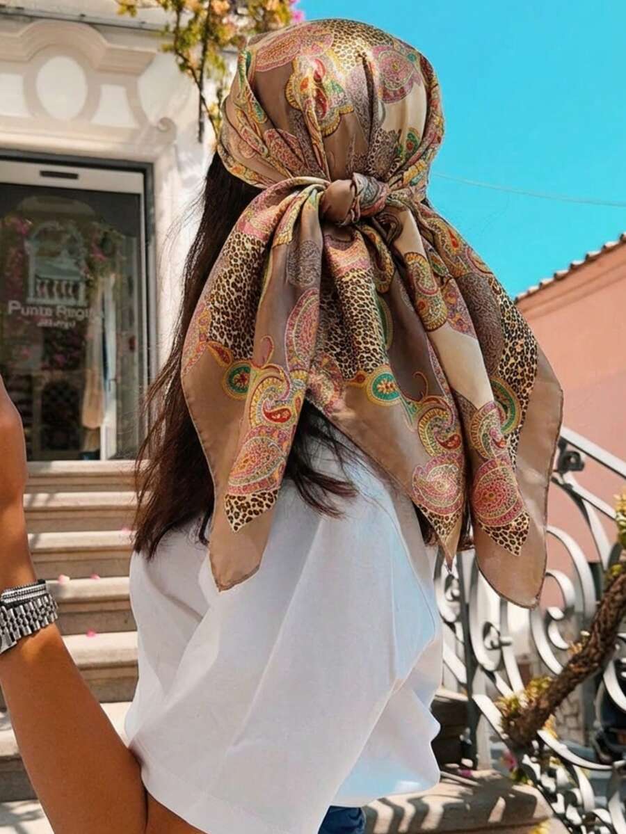 1条女士时尚围巾，月光丝绸佩斯利花纹和腰果花印花围巾，几何印花发带，多功能头巾，适合日常佩戴和使用，四季皆宜 - 米色 - 查看 1