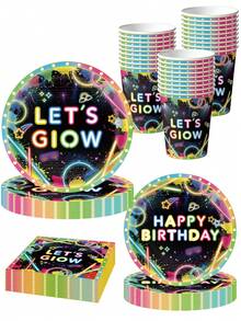 10pcs Glow Party Supplies Set, Including Disposable Paper Plates, Cups, Napkins, Suitable For Birthday, Baby Shower And Other Neon Theme Decorations - Multicolor - View 1