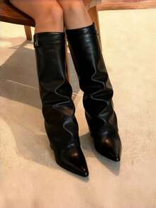 Luxury Fashion Women Fold Over Pointy Pull-On Shark Boots Women Wide Calf Padlock Boots Nightclub Elegant Shoes - Đen 1 - Xem 3