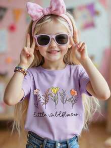 Girls Floral Slogan Print Round Neck Short Sleeve T-Shirt, Casual Spring/Summer Children Clothing - Purple - View 8