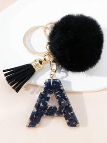 A Night Sky Star Moon English Initial Resin Keychain, Black Hairball Heart Door Buckle Hanging Decoration Tassel Decoration Design, Suitable For Bag Chains, Mobile Phone Hanging Chains, Keychains, And Gifts For Friends And Mothers - Black - View 31