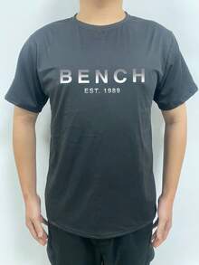 Men's Fashionable Grey & White Ombre Letter Print T-Shirt - Black - View 2