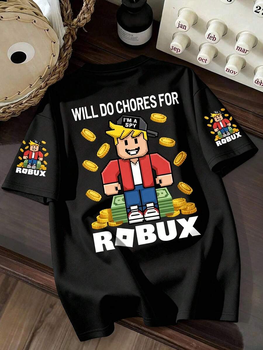 1件男童Robux游戏卡通印花T恤，前后均有趣味图案，袖子采用元素设计，休闲宽松圆领短袖上衣，适合日常穿着。