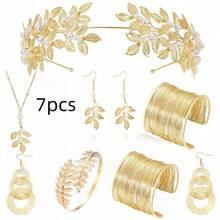 5pcs Greek Goddess Style Costume & Accessories Set, Including Leaf Crown, Headband, Bracelet, Earrings, Bridal Headpiece, Halloween Theme - Multicolor - View 1