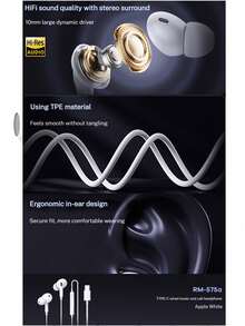 REMAX RM-575 有線耳機 人體工學設計 舒適佩戴 通話清晰輕盈舒適 悅享無損音質 適用蘋果華為小米 白色 - 白色 - 查看 3
