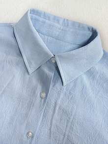 女士休闲通勤褶皱纹理面料前短后长宽松落肩长袖衬衫 - 淺藍色 - 查看 4