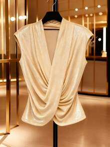 Shiny Pleated V-Neck Cinched Waist Women's Gold Top, Elegant New Year's Eve Gold Outfit, Spring/Summer - Gold - View 3