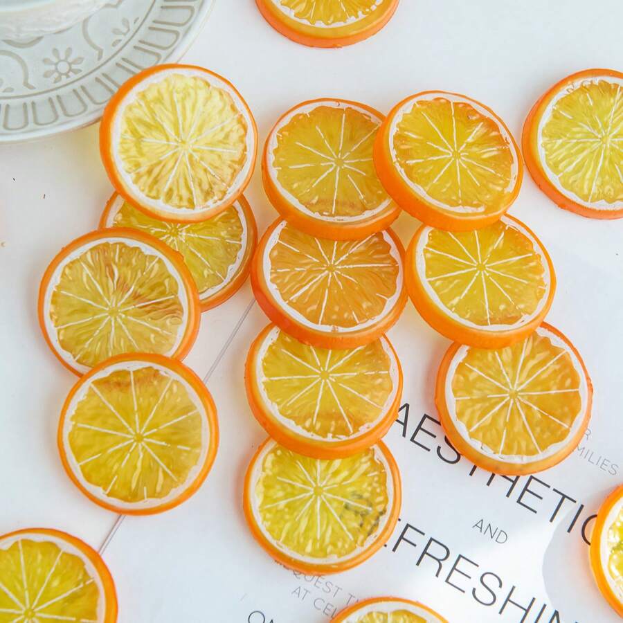 5 شرائح ليمون بلاستيكية مزيفة، شرائح فاكهة ليمون اصطناعية واقعية، نموذج فاكهة مزيفة لديكور المنزل والمطبخ والمطعم والحديقة، هدايا عيد الأم والتخرج والزفاف، أدوات تصوير - لون برتقالي - مشاهدة 1