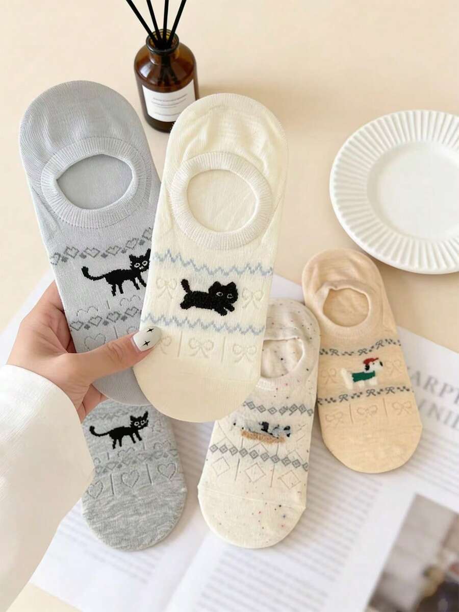 5 Pairs Random Spring/Summer Korean Style Shallow Mouth Boat Socks, Invisible Socks With Icelandic Ins Style - Multicolor - View 1