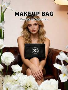 CHANEL Women's Quilted Cosmetic Bag, Available In Black And White, Featuring Signature Logo, Multiple Interior Pockets, Zipper Closure, Luxurious Makeup Storage Pouch, Suitable For Daily Use And Travel - Black - View 6