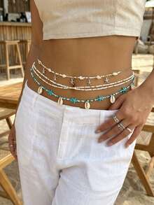 Bộ 3 dây đeo eo đính hạt màu xanh dương phong cách Bohemian, dây đeo thân nhiều lớp, mặt dây chuyền hình sao biển bạc, thích hợp cho kỳ nghỉ biển. - Bộ hạt cườm 3 món - Xem 3