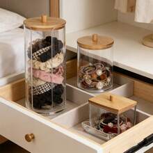 3Pcs Hair Accessory Organizer Set, Clear Acrylic Scrunchie Holder Stand & Hair Clip Dispenser With Bamboo Lid, Dustproof Hair Tie Storage Jar For Vanity Dresser Organization - Multicolor - View 2