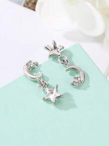 1对时尚简约不对称星月水钻吊坠耳环，适合女性日常及度假佩戴 - 銀色 - 查看 4