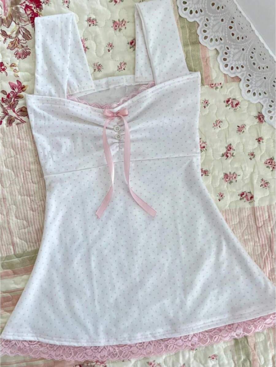 Women Fairy Grunge Tank Tops Y2k Aesthetic Lace Trim Bow Cami Sleeveless Square Neck Slim Fit Coquette Shirt Vintage Streetwear - 彩色 - 查看 1