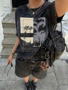 夏季新款简约时尚加州棕榈树拼接度假风印花休闲圆领短袖T恤，百搭女士黑色 - 黑色 - 查看 4