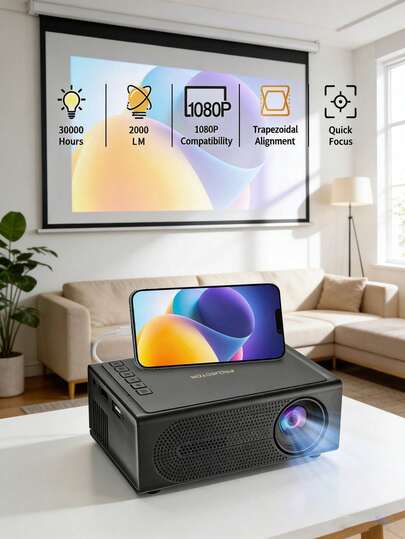 A Portable Mini Projector Native 1080P - Trapezoidal Correction Auto Quick Focus 120 Inch Big Screen Projector Compatible With IPhone/Android Phone/Laptop/TV Stick/USB For Home Theater Bedroom Office Outdoor Camping Movie Night (30000H Long Lamp Life)