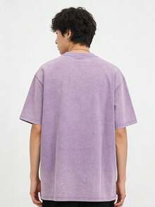 Customize Your Exclusive Washed Casual Printed Y2K Style Summer Men'S Fashion Off-The-Shoulder Sleeves, Custom Photo High-Quality Thickened 230g Premium Pure Cotton Washed Distressed Retro Style Round-Neck T-Shirt Top, Street Short-Sleeved Shirt - 紫色 - 查看 2