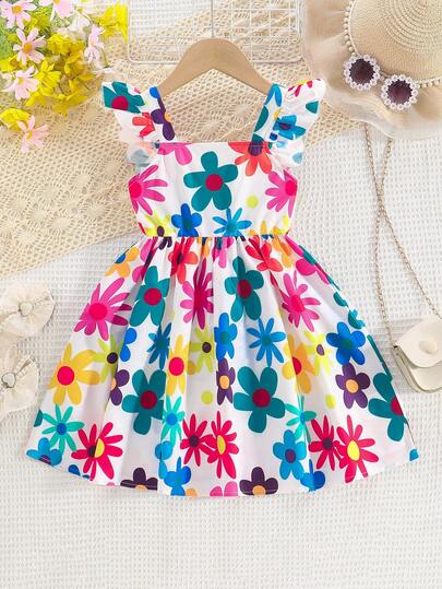 Đầm cho bé gái 6-7 tuổi: Kiểu dáng ngọt ngào và thanh lịch với áo yếm xếp ly, cổ vuông, chun co giãn, chân váy chữ A họa tiết hoa nhiều màu sắc, phù hợp cho đi chơi, mua sắm và mặc hàng ngày.