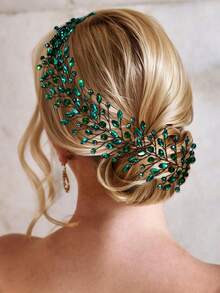 Luxury Rhinestone Headband, Emerald Green Elegant Floral Wreath Bohemian Fully Rhinestone Bridal Headpiece HP799 - Silver - View 6