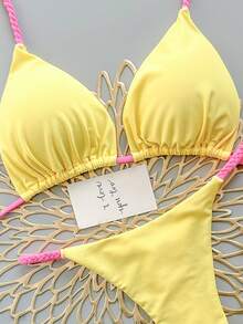 2pcs Bohemian Leopard Print Casual Cute Elegant Sexy Tie-Dye Crochet Contrast Trim Bikini Swimsuit, Beach Holiday, Spring/Summer - Yellow - View 4