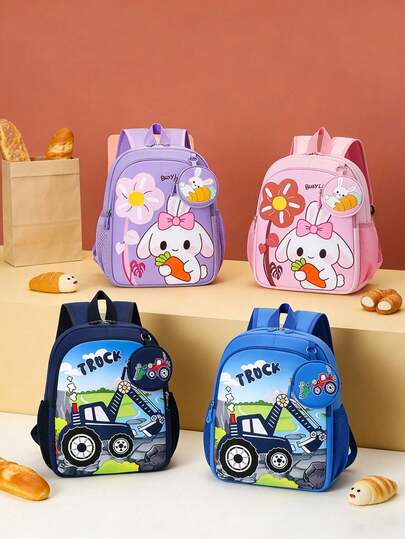 Una pieza de mochila pequeña con cremallera, de estilo de dibujos animados, con diseño lindo de conejo/excavadora. Cuenta con correas de hombro cómodas y ajustables. Satisface las necesidades básicas de almacenamiento, sosteniendo artículos como pañuelos, llaves y una billetera. Adecuado para adolescentes y ideal para salidas, viajes cortos y uso diario. Un regalo perfecto para las vacaciones.