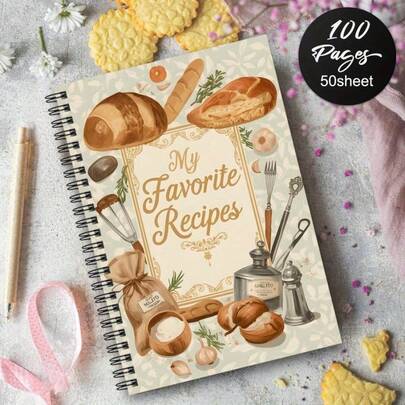 1pc A5 Spiral Bound Recipe Book, 50 Sheets/100 Pages, Suitable For Cooking Enthusiasts - 100 Pages Meal Planner And Home Recipe Organizer, With Baking Theme Displaying Bread, Herbs And Kitchen Tools Design, Great For Collecting Recipes, Recipe Book