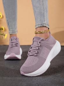 女士时尚运动鞋，系带设计，女士健身平底休闲跑步网面鞋 - 藕粉色 - 查看 6
