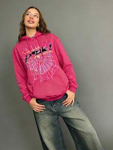 Men's Y2K Hoodie Hip Hop Spider Web Lettering Printed Sweatshirt - Màu Hồng Tươi - Xem 3