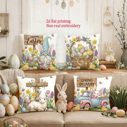 4pcs Happy Easter Cute Rabbit, Truck, Floral, Egg Basket, Chick, Lamb, Cross, Gnome Single-Sided Print Pillow Covers, Soft & Comfortable Polyester Cushion Covers, 45x45cm (17.72x17.72inch), Zippered, Machine Washable, Suitable For Home Decor, Living Room, Bedroom, Porch, Garden, Hotel, Cafe, Outdoor