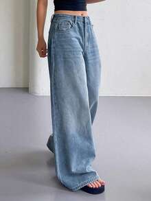 Women's Vintage Washed High Waisted Wide Leg Jeans - Loose Baggy Flattering Denim Pants | Casual Streetwear Trousers (Multiple Washed Colors) - 藍色 - 查看 2