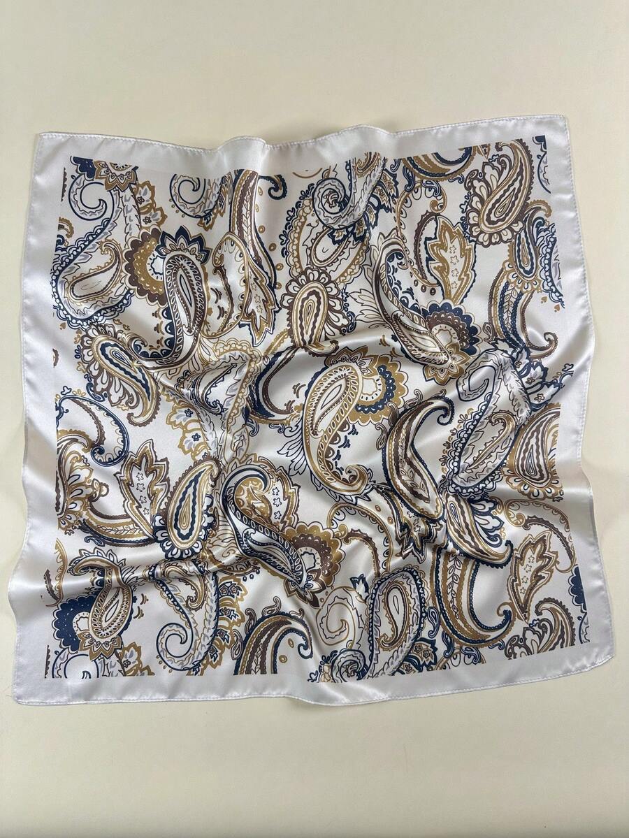 1件女士优雅腰果花卉印花丝巾，缎面领巾发饰 - 米色 - 查看 1