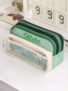 Personalized Large Capacity Pencil Case - Durable PVC Stationery Bag, Transparent Design, Customizable Name. This Stationery Organizer Is Suitable For School, Office And Travel Use, A Fashionable Zipper Pouch That Can Be Used As A Pencil Case Or Cosmetic Bag.