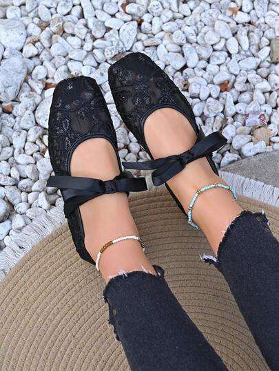 大码女士平底芭蕾鞋，时尚舒适蝴蝶结装饰纯色透气网布拼接凉鞋，适合派对、聚会、复活节、妇女节等场合。