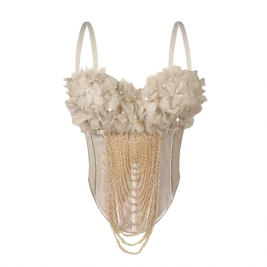 Local Delivery -Wearable Fishbone Bra, Sexy Women's Camisole Top Lining Stage Performance Bra, Women's Clothing Elegant Pearl 3D Mesh Flower Beaded Chain Design - Màu be - Xem 1