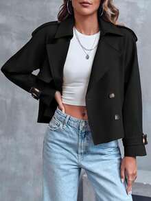 Women's Double Breasted Cropped Trench Coat - Raglan Sleeve Office Work Coat With Pockets Chic Formal Outfit - 黑色 - 查看 6