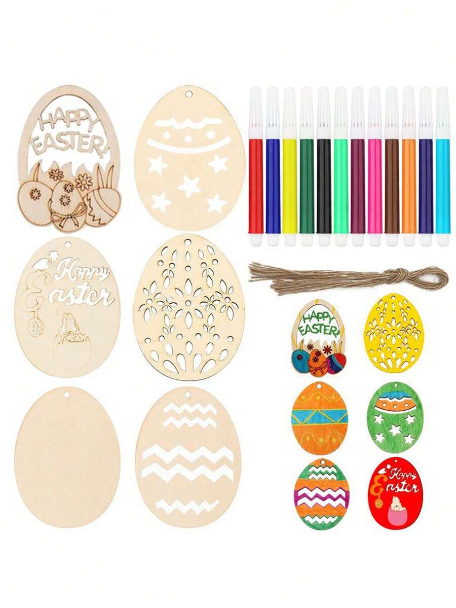 30 Pack Unfinished Wooden Egg Blanks For DIY Easter Painting Crafts, Art Activity With Hanging Rope, Holiday Party Ornaments & Tree Decorations - Multicolor - View 1