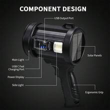 Rechargeable Spotlight, 1000,000 Lumens Handheld Hunting Flashlight Led Spot Light With Cob Light And Solar Panels For Camping - Black - View 6
