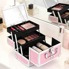 Lockable Makeup Box With Mirror, Portable Vanity Cosmetic Organiser With 2 Trays, Travel Make Up Case For Cosmetics, Jewellery & Accessories - Pink - View 1