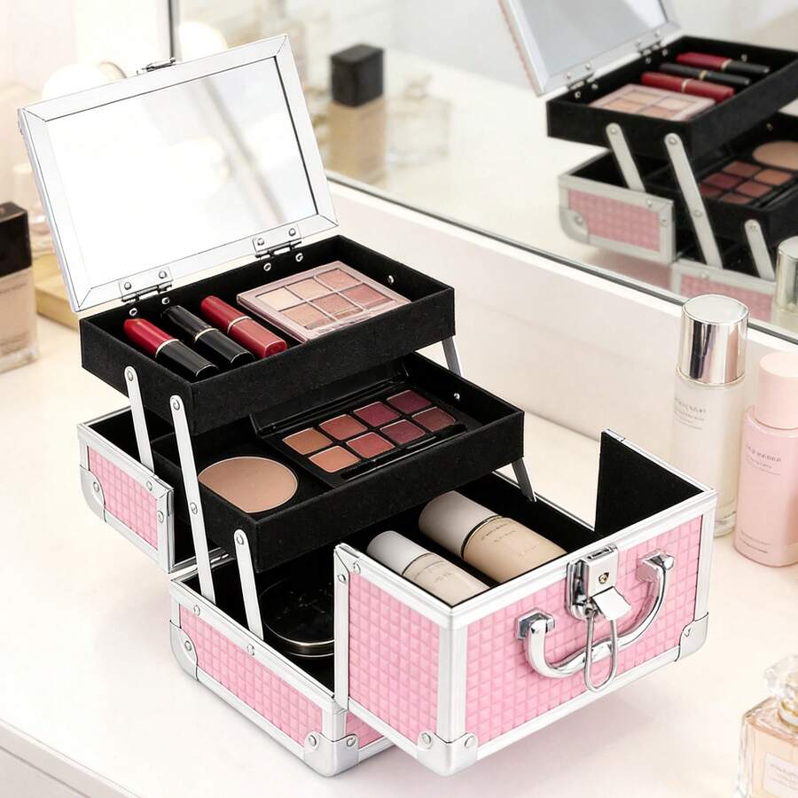 Lockable Makeup Box With Mirror, Portable Vanity Cosmetic Organiser With 2 Trays, Travel Make Up Case For Cosmetics, Jewellery & Accessories - Pink - View 1