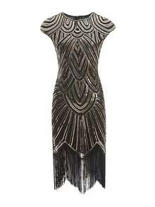 Gaun Midi Pesta Malam Formal Bermotif Geometris Berpayet Gaya Vintage Gatsby - MultiWarna - View 39