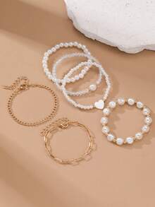 6件套女孩心形珍珠串珠手链套装，适合日常搭配 - 彩色 - 查看 6