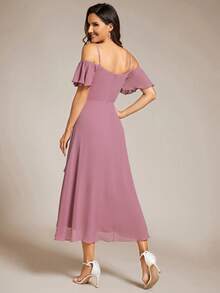 EVERPRETTY Solid Color Open Shoulder Bridesmaid Dress With High-Low Hem, Elegant And Graceful Wedding Spring - Dusty Pink - View 2