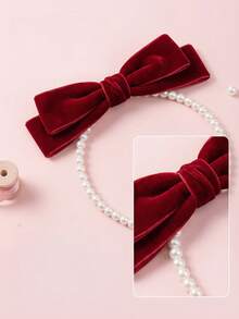1pc/2Pcs New Year Girl Velvet Bow Hairband Exquisite Pearl Headband Children's Valentine's Day Sweet Hair Accessories - Red - View 5
