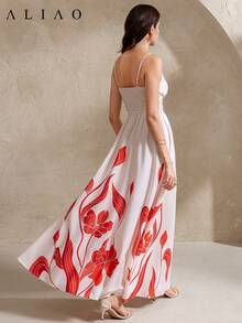 Printed V-Neck Waist Cinched Sleeveless Dress, Suitable For Holidays, Vacations, Elegant Women's Outfit, Spring/Summer - Multicolor - View 6