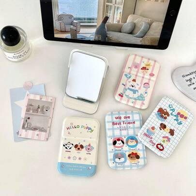 กระจกพับขนาดพกพา ลายมินิ Dachshund น่ารัก กระจกแต่งหน้าขนาดกะทัดรัดหนัง PU สำหรับนักเรียน