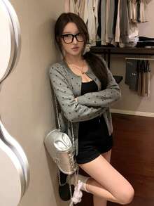 Women's Long Sleeve Polka Dot Contrast Color Cardigan Jacket, Suitable For Commuting Fall - Grey - View 10