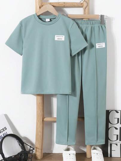 Purechapter 2pcs/Set Tween Boys' Summer Fashion Solid Color Basic Round Neck T-Shirt And Elastic Waist Pants Set, Suitable For 8-12 Years Old Boys' Casual, Commute, Outdoor Sports, Summer Vacation