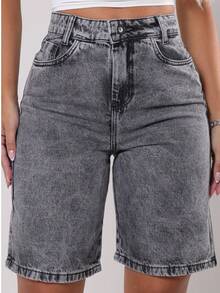 Women's Jorts Black Denim Bermuda Shorts, 100% Cotton, High Waist, No Lycra, Mid-Thigh Length, Marbled, Cycling Style, Boho Style, Casual, Sexy, Cute, Cotton, Zipper, Pocket, Button, Women's Denim Clothing, Nightwear, Holidays, Vacation, Daily Wear, Home Wear, ALL - 黑色石墨 Lisa 060-D - 查看 13